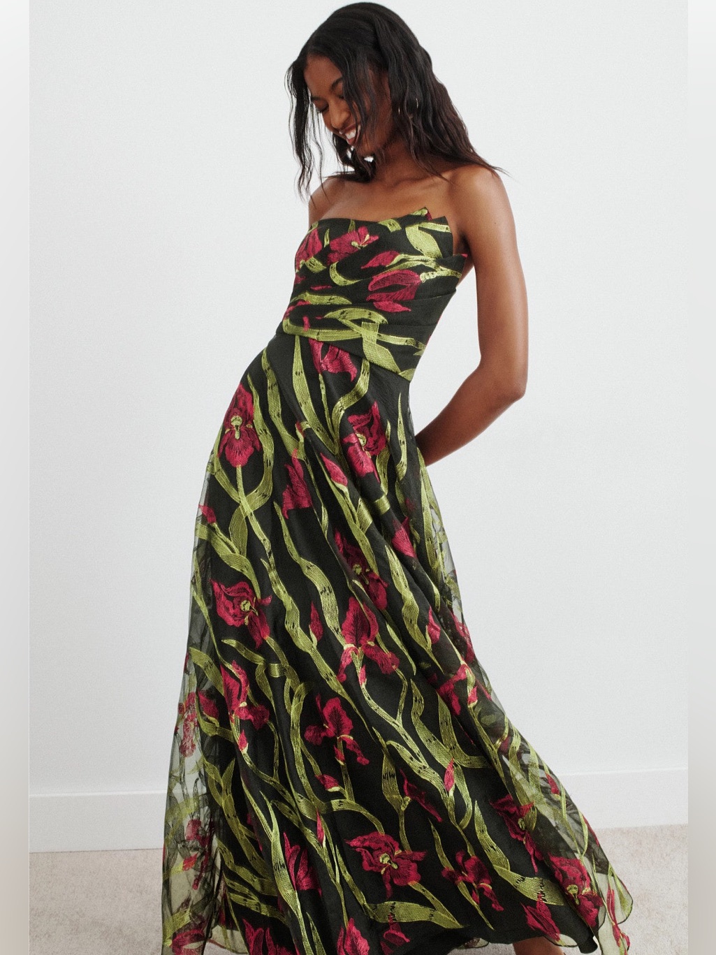 Theia Black Strapless Gown With Pink Floral & Green Leaf Motif
